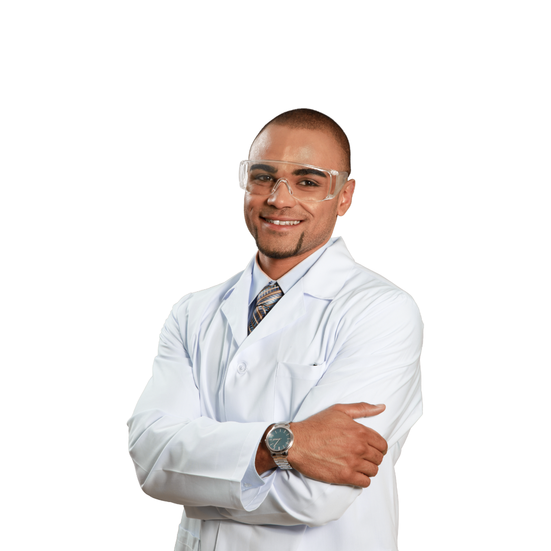 Étudiants en blouse blanche et lunette de protection
